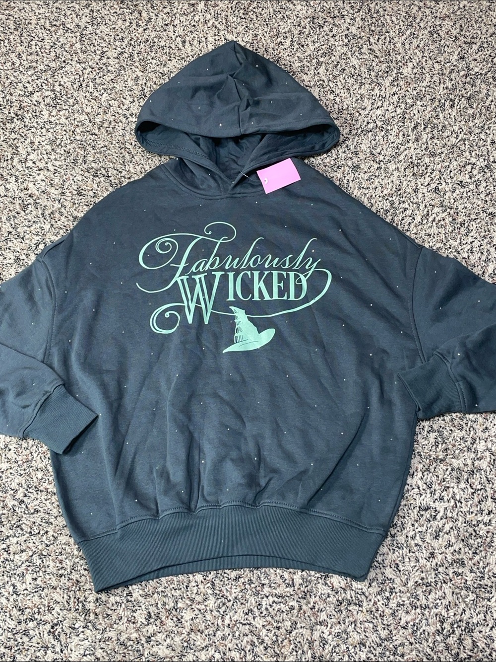 Wicked Graphic Sparkle Hoodie in Dark Green Gray Relaxed Fit XXS | NWT